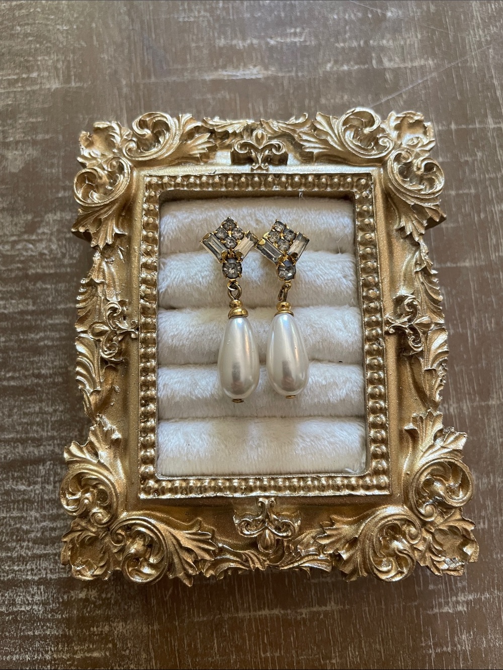 Vintage Gold-Tone Faux Pearl Drop Earrings with Crystal Accents, Pierced